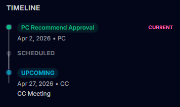 Case timeline in LandScout: filings, votes, and status tied to the parcel